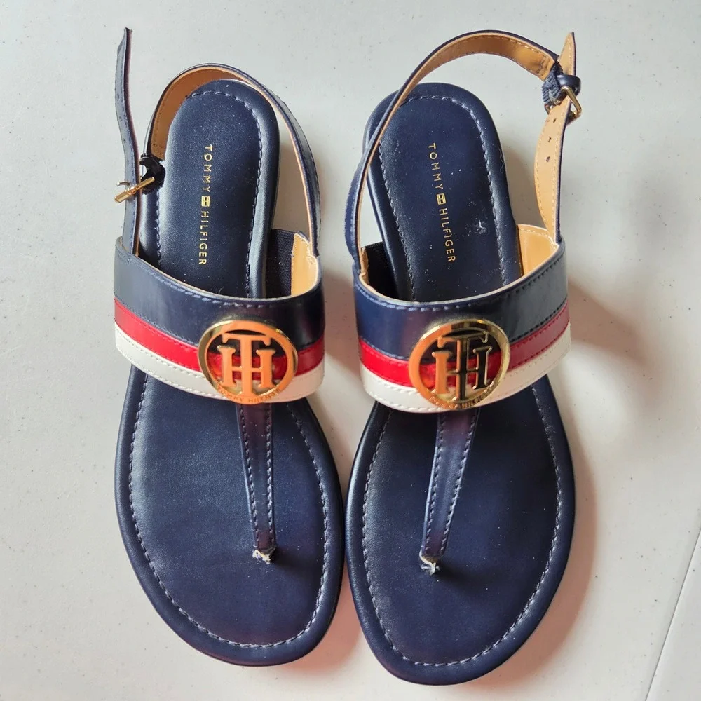 Tommy Hilfiger Jesi Navy Blue Red White Logo Thong Slingback Wedge Sandals 8M